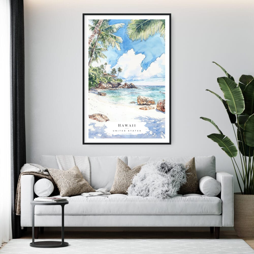 Framed Hawaii Watercolor Wall Art - Living Room - Portrait Framed Hawaii Watercolor Wall Art - Living Room - Portrait
