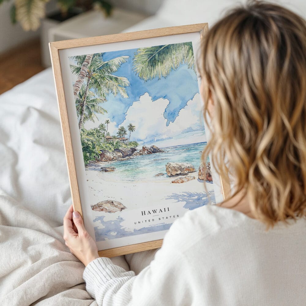 Framed Hawaii Watercolor Wall Art - Woman Holding - Portrait Framed Hawaii Watercolor Wall Art - Woman Holding - Portrait