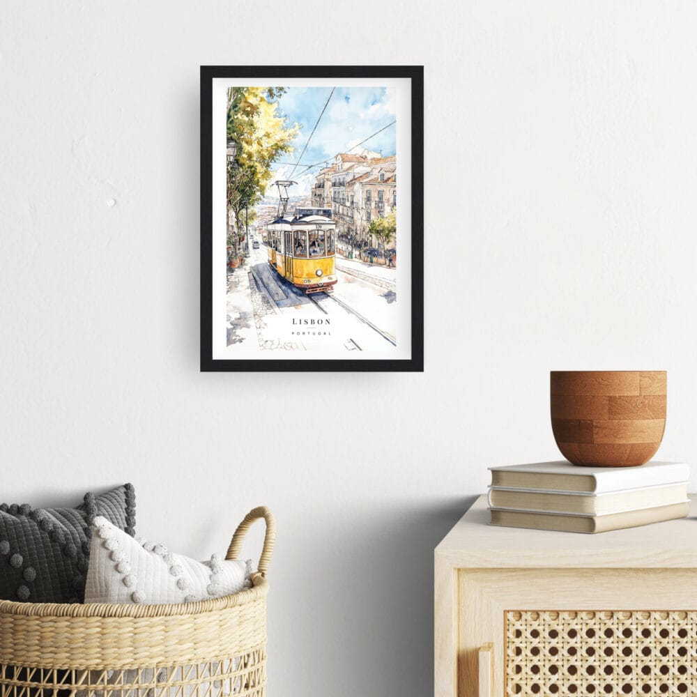 Framed Lisbon Portugal Watercolor Print with Tram 28 Wall Art - Hallway - Portrait Framed Lisbon Portugal Watercolor Print with Tram 28 Wall Art - Hallway - Portrait