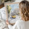 Framed Lisbon Portugal Watercolor Print with Tram 28 Wall Art - Woman Holding - Portrait