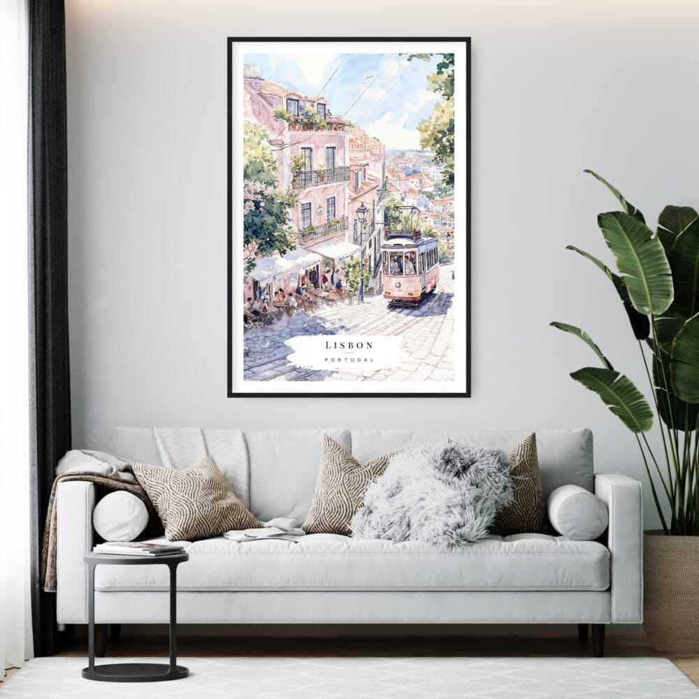 Framed Lisbon Watercolor Wall Art - Living Room - Portrait Framed Lisbon Watercolor Wall Art - Living Room - Portrait