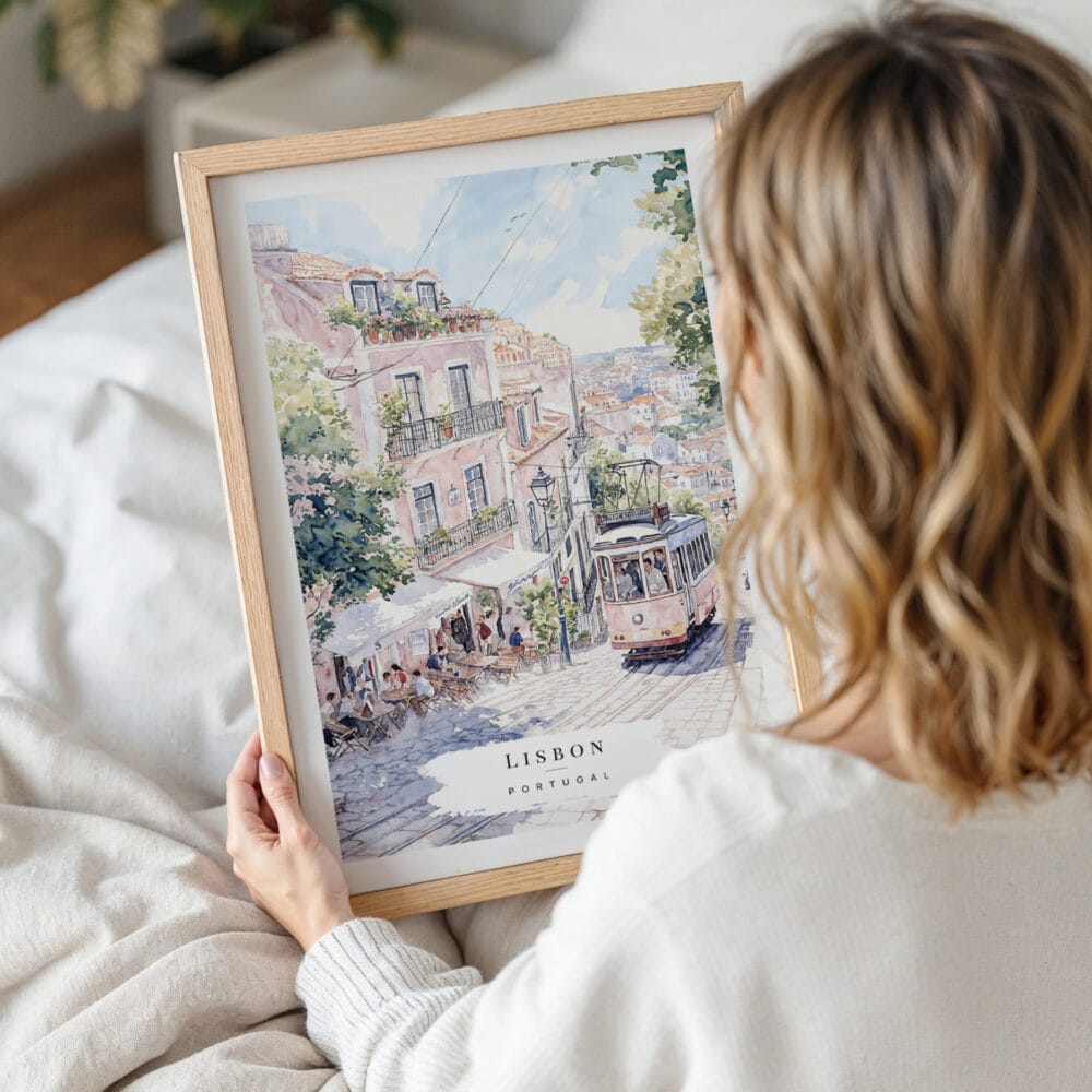 Framed Lisbon Watercolor Wall Art - Woman Holding - Portrait Framed Lisbon Watercolor Wall Art - Woman Holding - Portrait