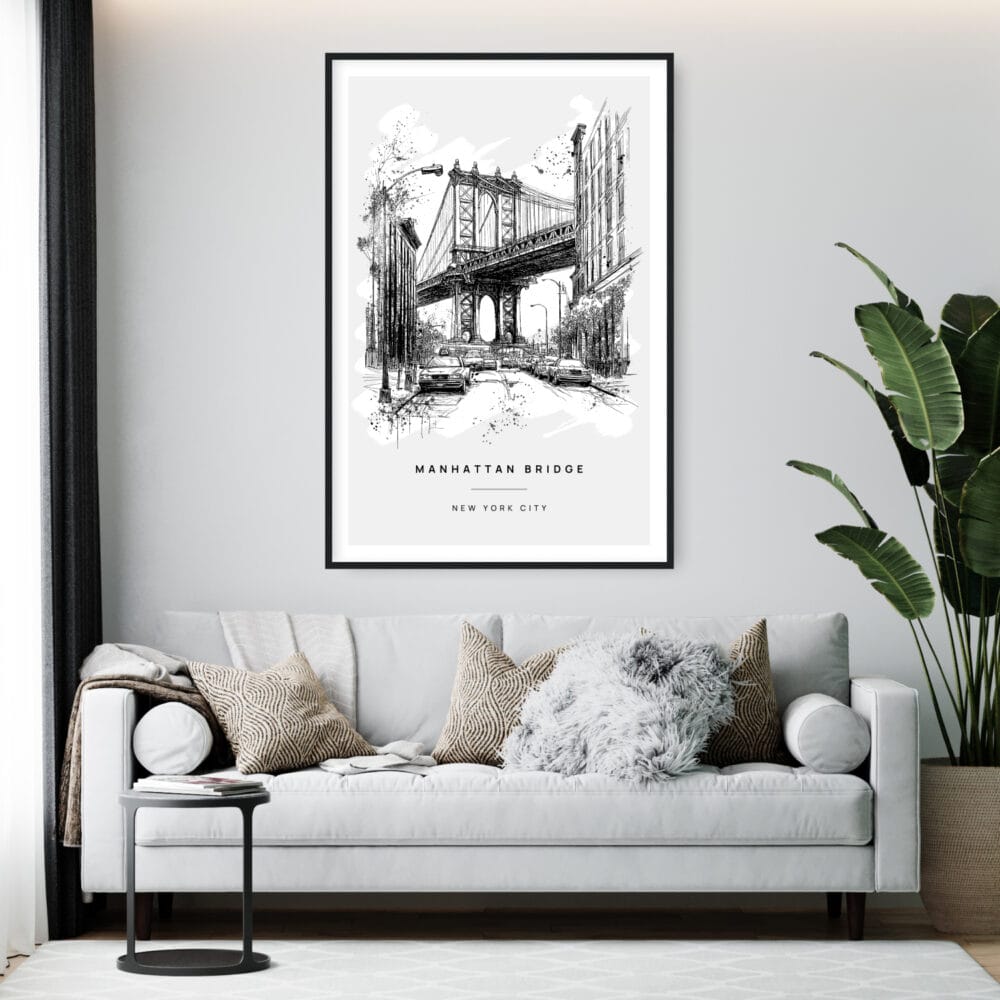 Framed Manhattan Bridge Line Drawing Wall Art - Living Room - Portrait Framed Manhattan Bridge Line Drawing Wall Art - Living Room - Portrait