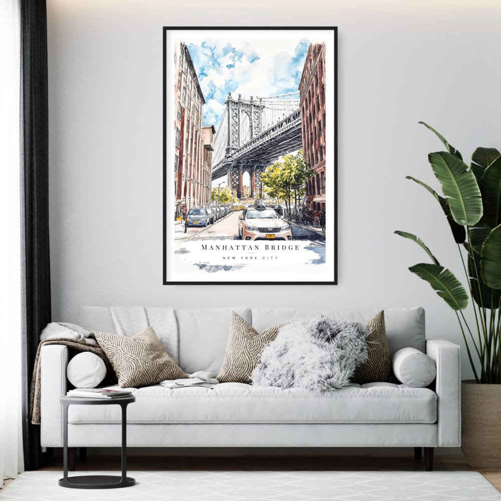 Framed Manhattan Bridge Watercolor Wall Art - Living Room - Portrait Framed Manhattan Bridge Watercolor Wall Art - Living Room - Portrait