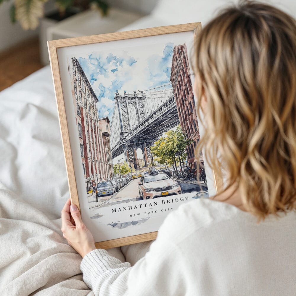Framed Manhattan Bridge Watercolor Wall Art - Woman Holding - Portrait Framed Manhattan Bridge Watercolor Wall Art - Woman Holding - Portrait
