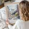 Framed Manhattan Bridge Watercolor Wall Art - Woman Holding - Portrait