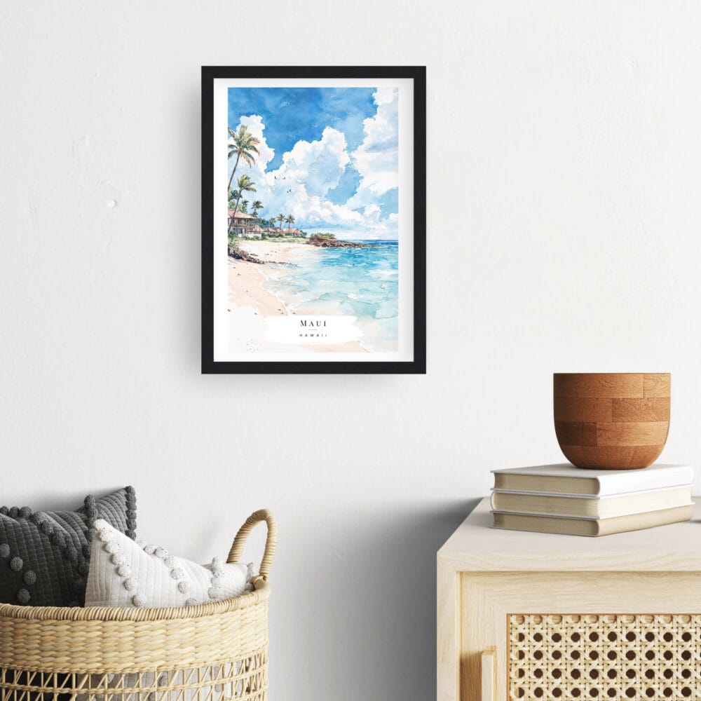 Framed Maui Beach Watercolor Wall Art - Hallway - Portrait Framed Maui Beach Watercolor Wall Art - Hallway - Portrait