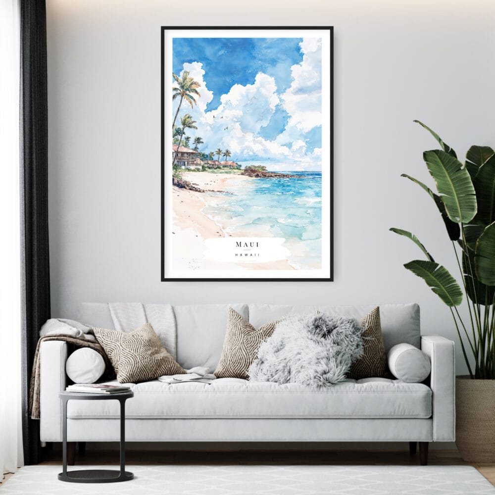 Framed Maui Beach Watercolor Wall Art - Living Room - Portrait Framed Maui Beach Watercolor Wall Art - Living Room - Portrait