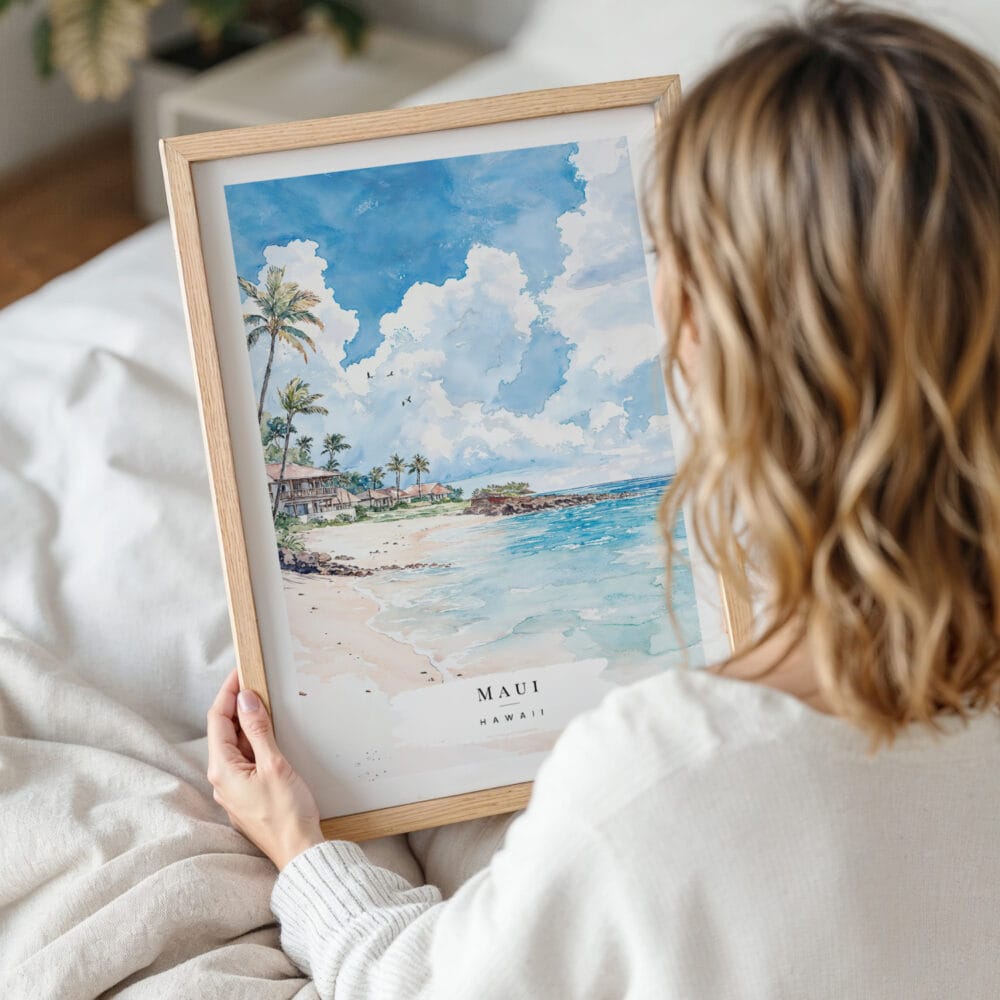 Framed Maui Beach Watercolor Wall Art - Woman Holding - Portrait Framed Maui Beach Watercolor Wall Art - Woman Holding - Portrait