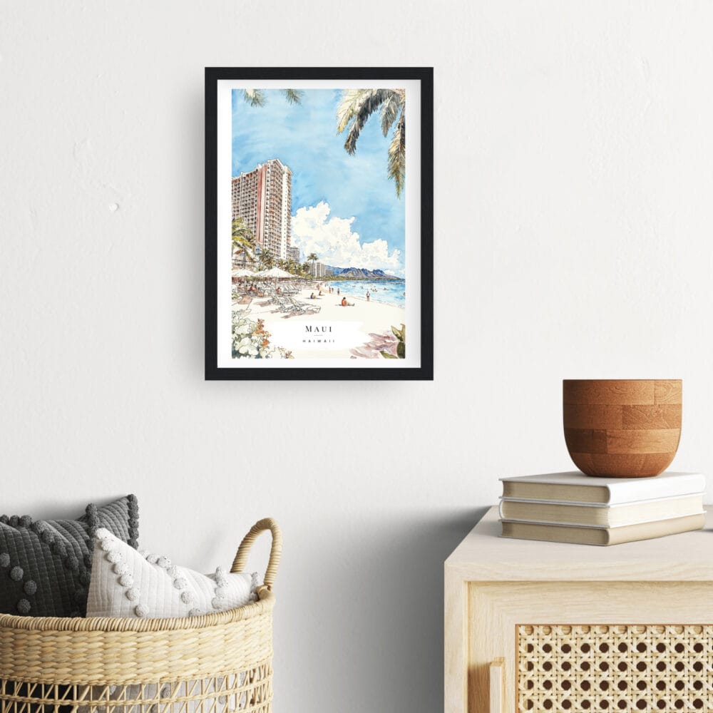 Framed Maui Hawaii Watercolor Wall Art - Hallway - Portrait Framed Maui Hawaii Watercolor Wall Art - Hallway - Portrait