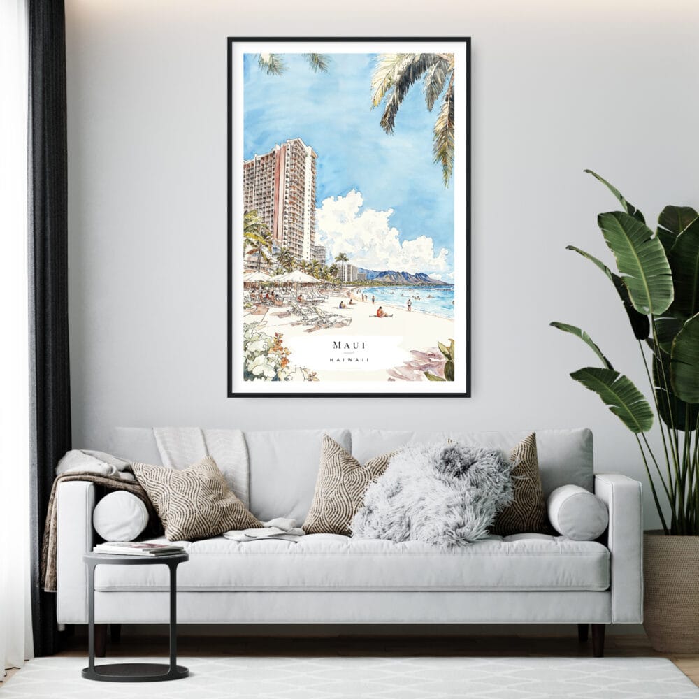 Framed Maui Hawaii Watercolor Wall Art - Living Room - Portrait Framed Maui Hawaii Watercolor Wall Art - Living Room - Portrait