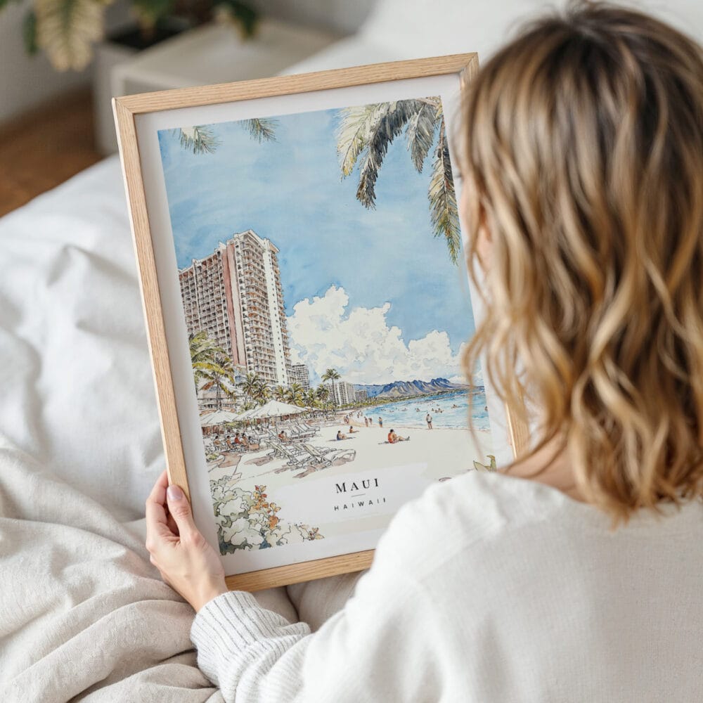 Framed Maui Hawaii Watercolor Wall Art - Woman Holding - Portrait Framed Maui Hawaii Watercolor Wall Art - Woman Holding - Portrait