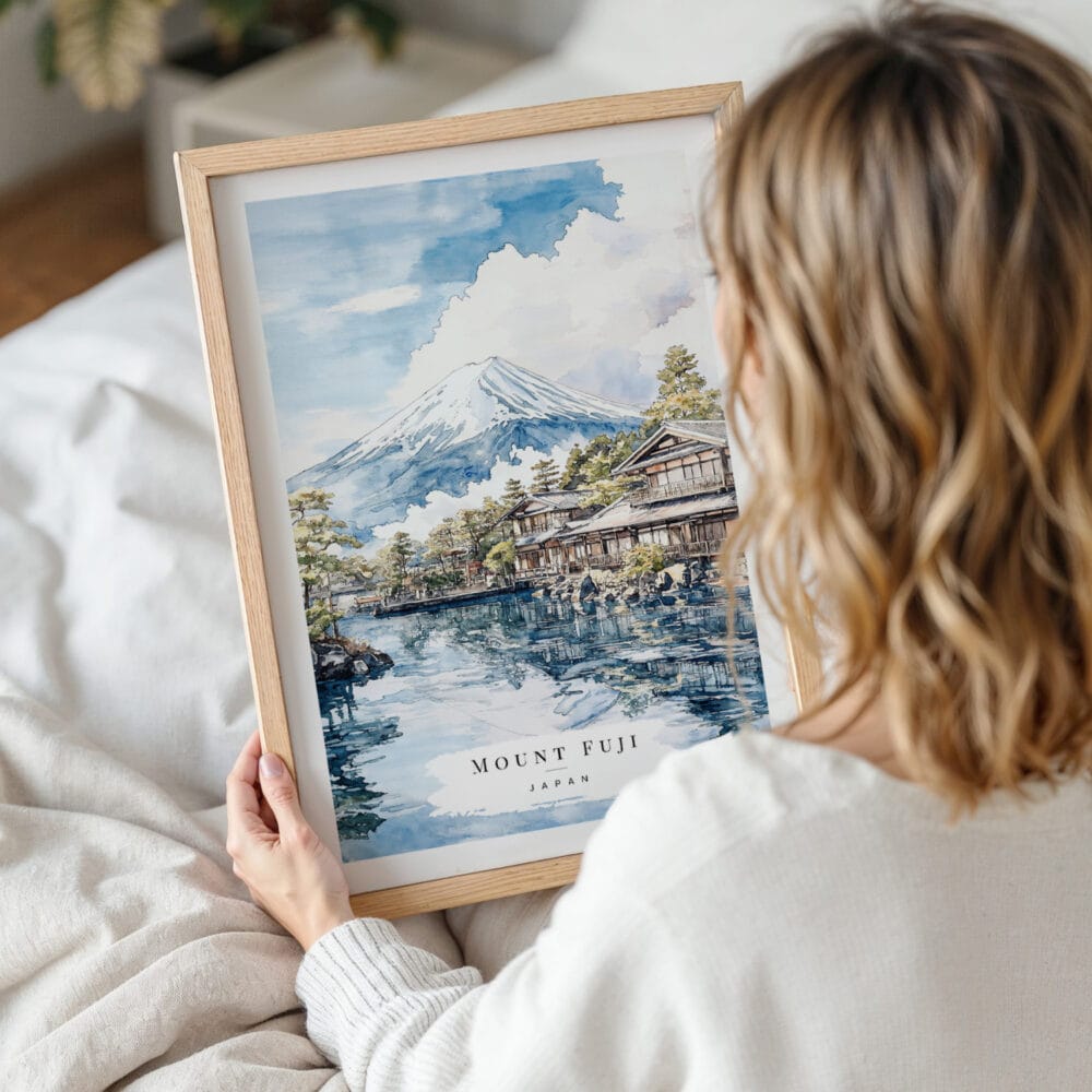 Framed Mount Fuji Watercolor Art Print View From Oshino Wall Art - Woman Holding - Portrait Framed Mount Fuji Watercolor Art Print View From Oshino Wall Art - Woman Holding - Portrait