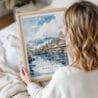 Framed Mount Fuji Watercolor Art Print View From Oshino Wall Art - Woman Holding - Portrait