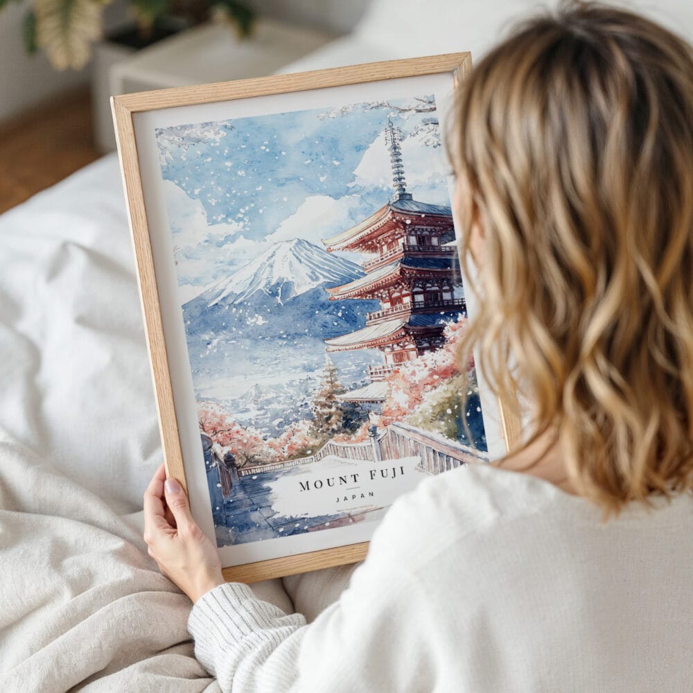 Framed Mount Fuji Watercolor Wall Art - Woman Holding - Portrait Framed Mount Fuji Watercolor Wall Art - Woman Holding - Portrait