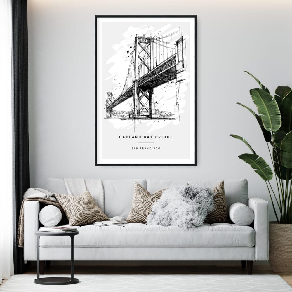 Framed Oakland Bay Bridge Pencil Drawing Wall Art - Living Room - Portrait Framed Oakland Bay Bridge Pencil Drawing Wall Art - Living Room - Portrait