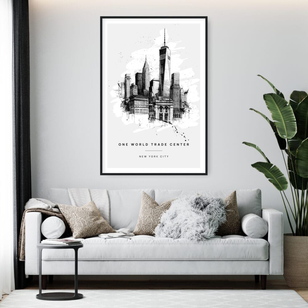 Framed One World Trade Center Line Drawing Wall Art - Living Room - Portrait Framed One World Trade Center Line Drawing Wall Art - Living Room - Portrait