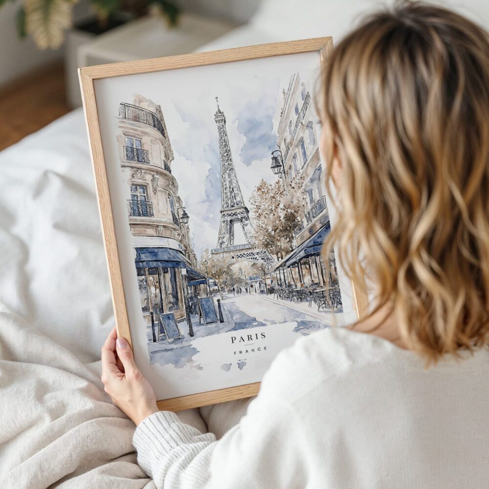 Framed Paris Watercolor Painting Wall Art - Woman Holding - Portrait Framed Paris Watercolor Painting Wall Art - Woman Holding - Portrait