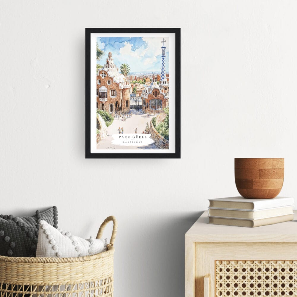Framed Park Guell Barcelona Watercolor Wall Art - Hallway - Portrait Framed Park Guell Barcelona Watercolor Wall Art - Hallway - Portrait
