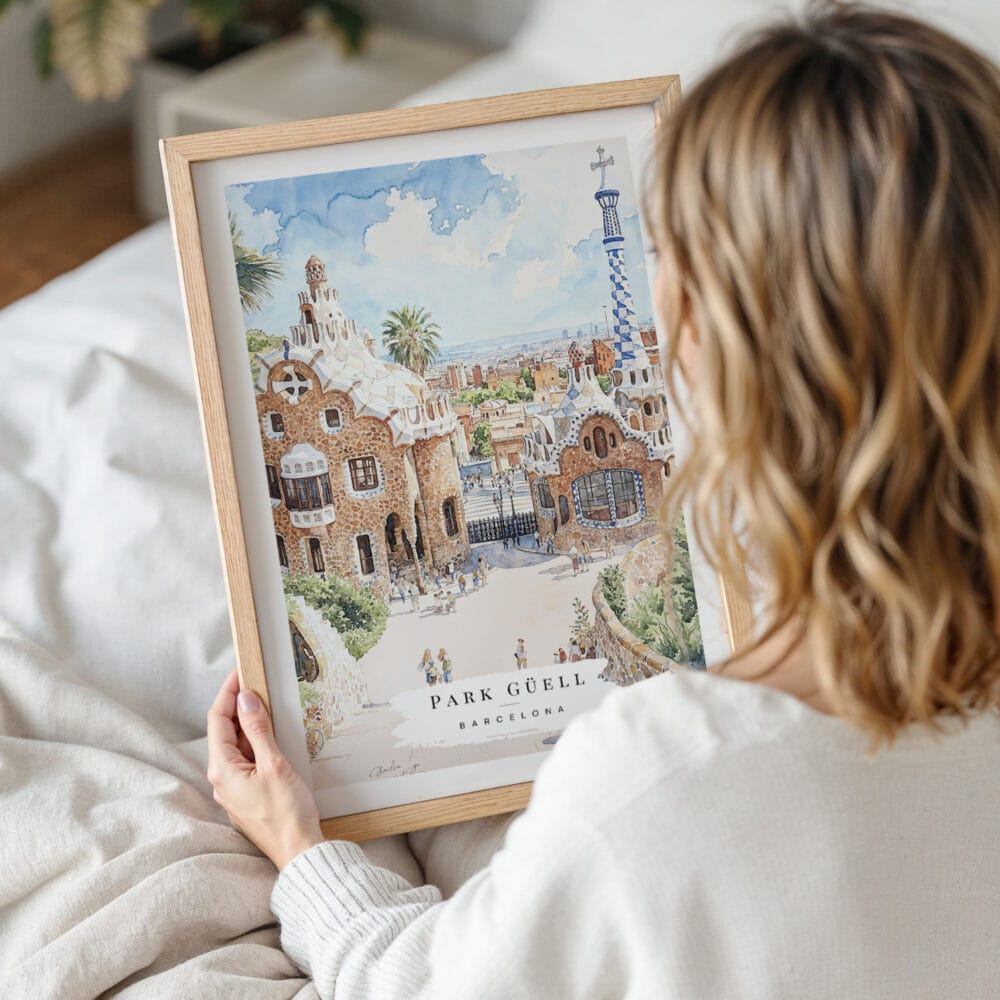 Framed Park Guell Barcelona Watercolor Wall Art - Woman Holding - Portrait Framed Park Guell Barcelona Watercolor Wall Art - Woman Holding - Portrait