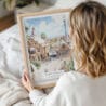 Framed Park Guell Barcelona Watercolor Wall Art - Woman Holding - Portrait