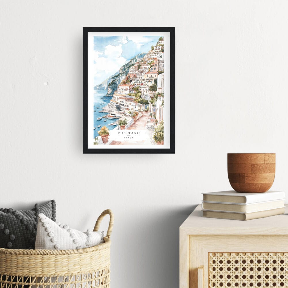 Framed Positano Watercolor Painting Wall Art - Hallway - Portrait Framed Positano Watercolor Painting Wall Art - Hallway - Portrait