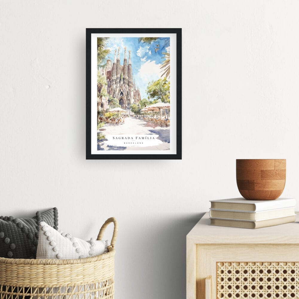 Framed Sagrada Familia Barcelona Watercolor Wall Art - Hallway - Portrait Framed Sagrada Familia Barcelona Watercolor Wall Art - Hallway - Portrait