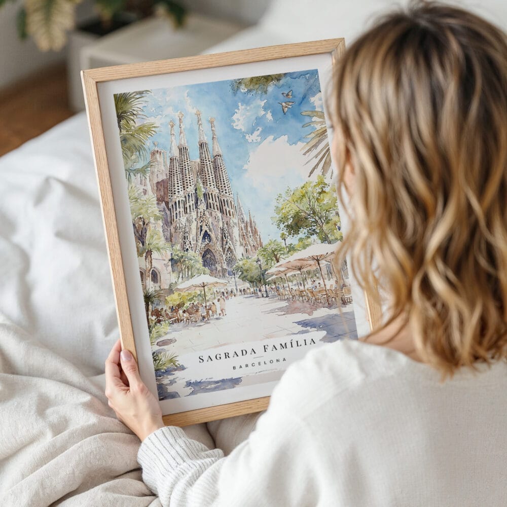 Framed Sagrada Familia Barcelona Watercolor Wall Art - Woman Holding - Portrait Framed Sagrada Familia Barcelona Watercolor Wall Art - Woman Holding - Portrait