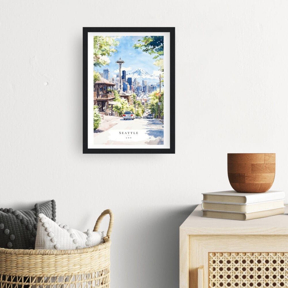 Framed Seattle Space Needle Watercolor Wall Art - Hallway - Portrait Framed Seattle Space Needle Watercolor Wall Art - Hallway - Portrait