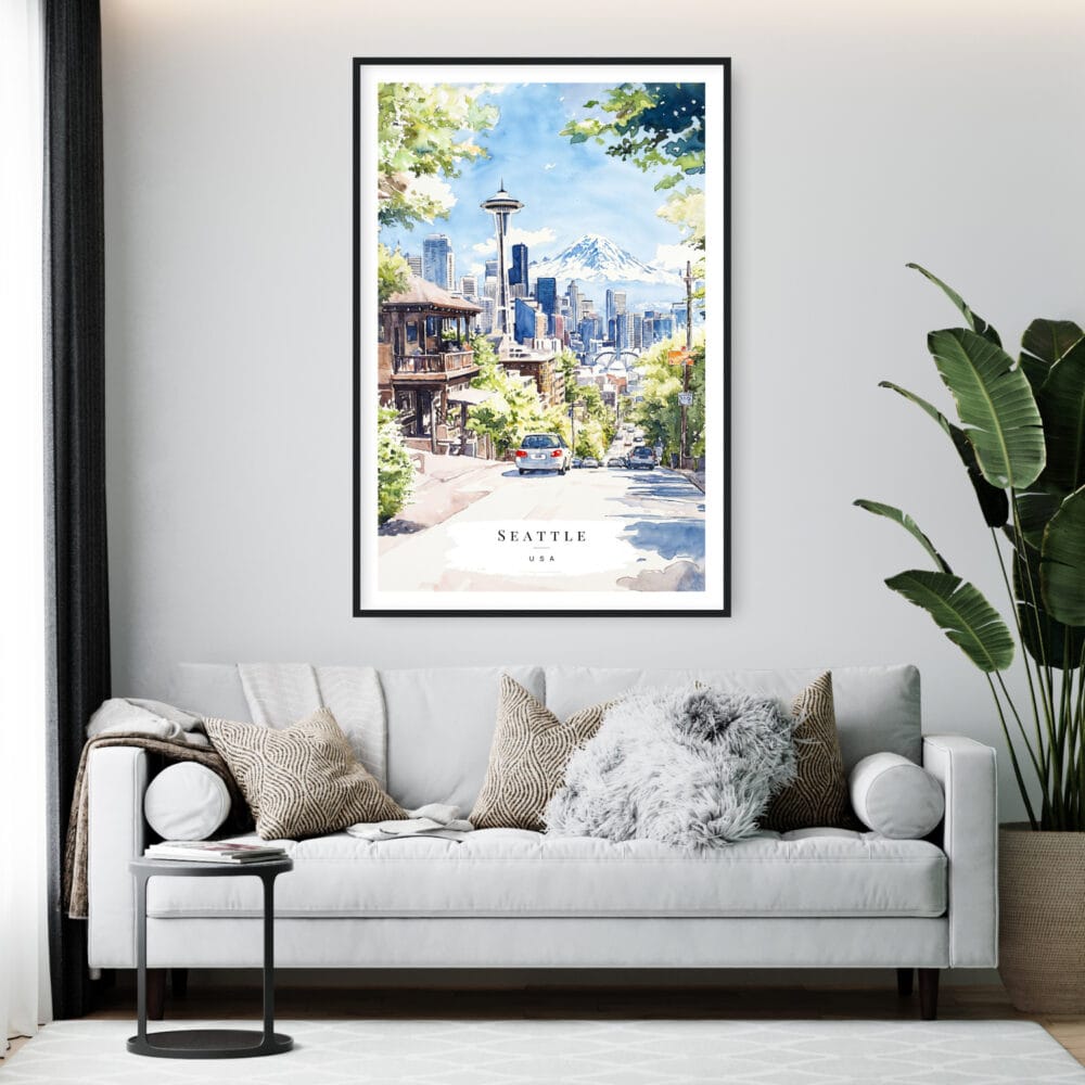 Framed Seattle Space Needle Watercolor Wall Art - Living Room - Portrait Framed Seattle Space Needle Watercolor Wall Art - Living Room - Portrait