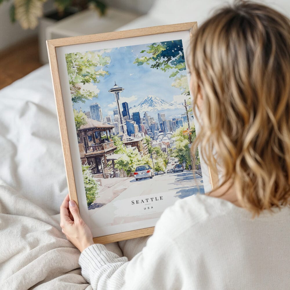 Framed Seattle Space Needle Watercolor Wall Art - Woman Holding - Portrait Framed Seattle Space Needle Watercolor Wall Art - Woman Holding - Portrait