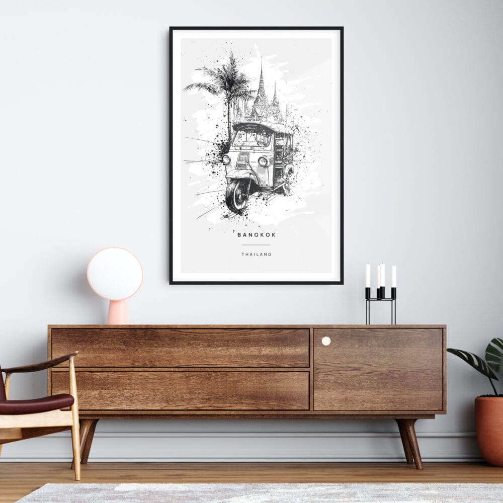 Framed Thailand Tuk Tuk Line Drawing Wall Art Home Decor - Portrait - Dark Framed Thailand Tuk Tuk Line Drawing Wall Art Home Decor - Portrait - Dark