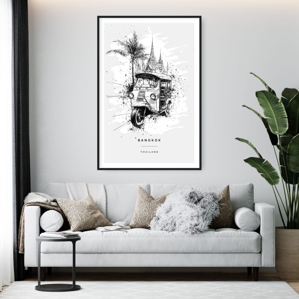 Framed Thailand Tuk Tuk Line Drawing Wall Art - Living Room - Portrait Framed Thailand Tuk Tuk Line Drawing Wall Art - Living Room - Portrait