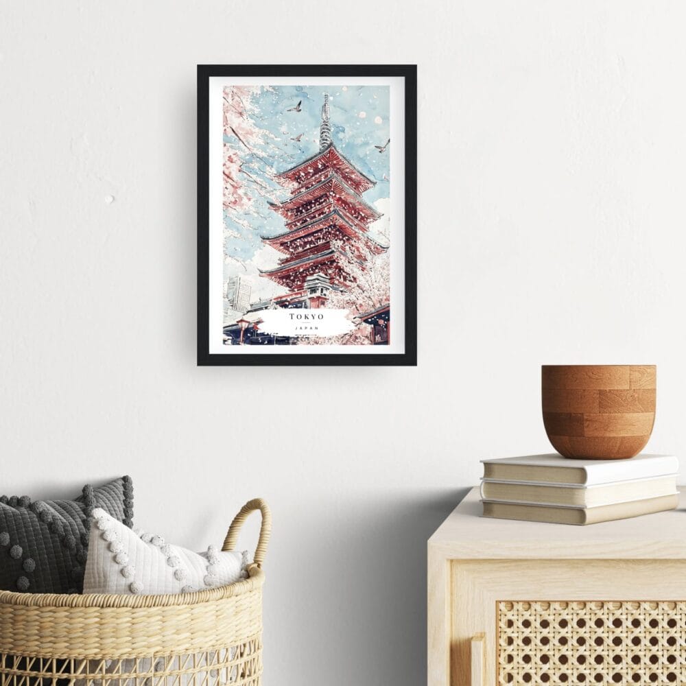 Framed Tokyo Japan Pagoda and Cherry blossom Watercolor Wall Art - Hallway - Portrait Framed Tokyo Japan Pagoda and Cherry blossom Watercolor Wall Art - Hallway - Portrait