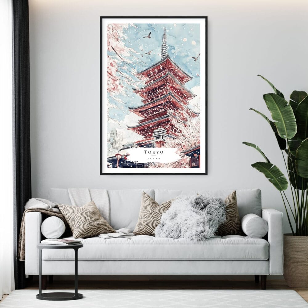 Framed Tokyo Japan Pagoda and Cherry blossom Watercolor Wall Art - Living Room - Portrait Framed Tokyo Japan Pagoda and Cherry blossom Watercolor Wall Art - Living Room - Portrait