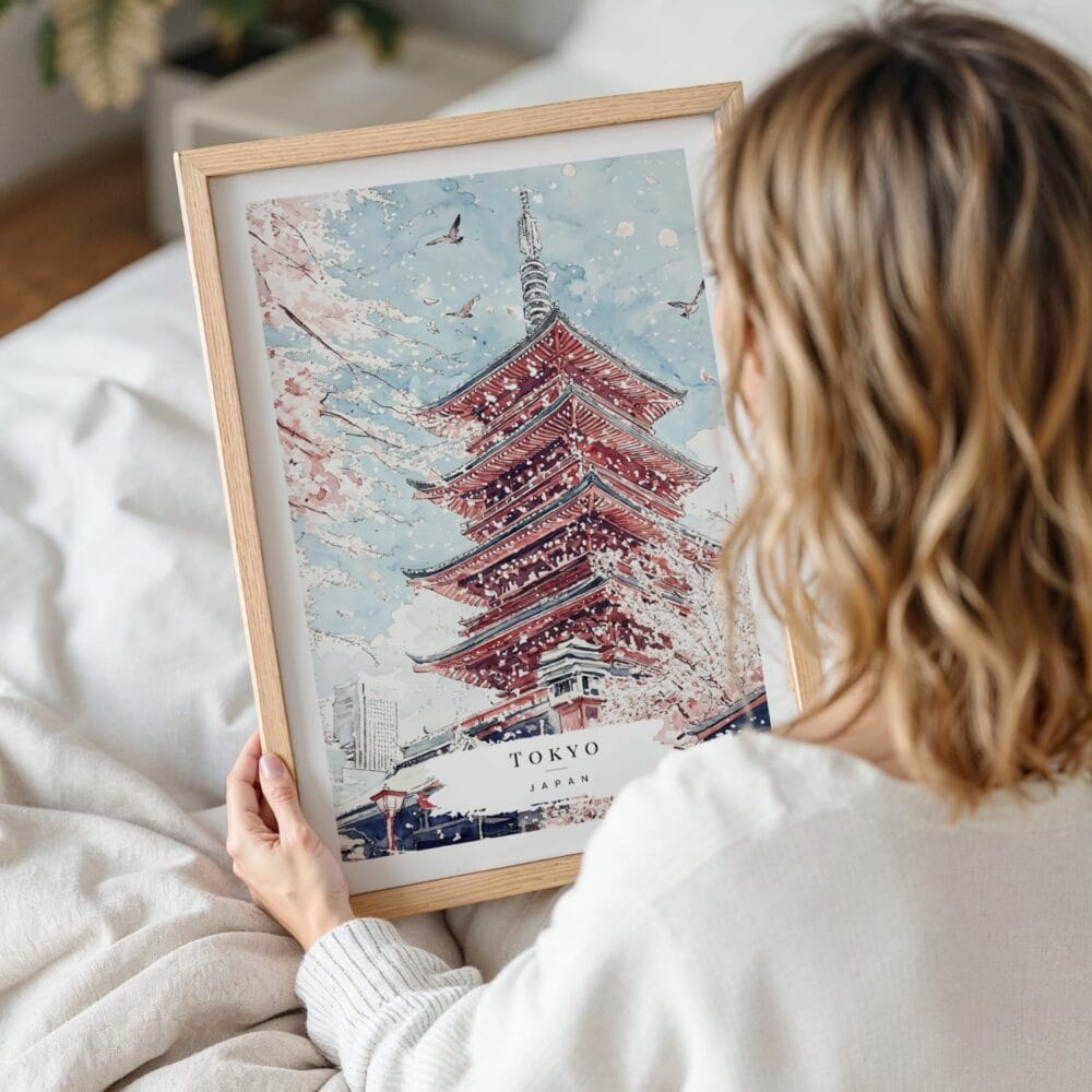 Framed Tokyo Japan Pagoda and Cherry blossom Watercolor Wall Art - Woman Holding - Portrait Framed Tokyo Japan Pagoda and Cherry blossom Watercolor Wall Art - Woman Holding - Portrait