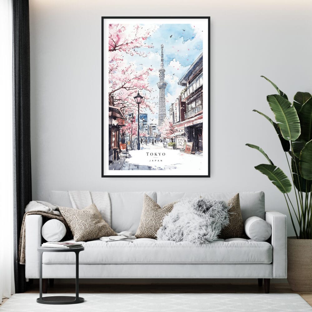 Framed Tokyo Skytree Watercolor Wall Art - Living Room - Portrait Framed Tokyo Skytree Watercolor Wall Art - Living Room - Portrait