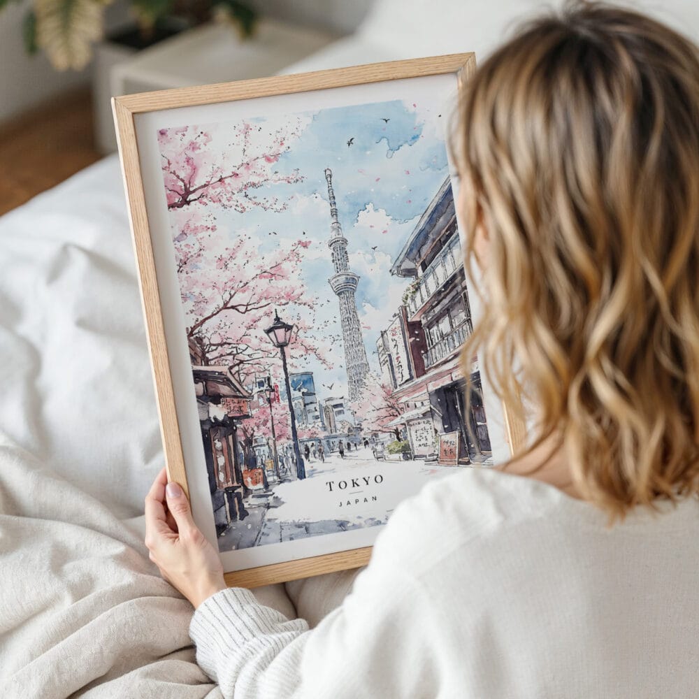 Framed Tokyo Skytree Watercolor Wall Art - Woman Holding - Portrait Framed Tokyo Skytree Watercolor Wall Art - Woman Holding - Portrait