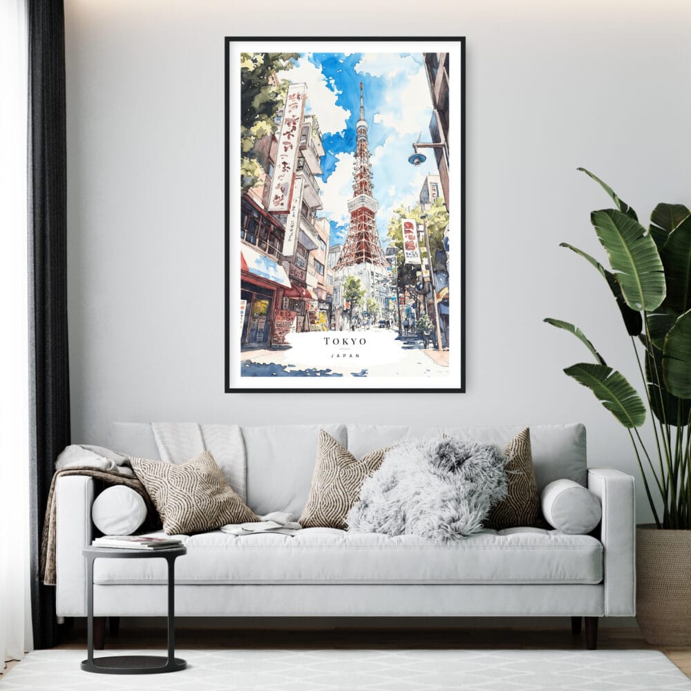 Framed Tokyo Watercolor Art Print with Tokyo Tower Wall Art - Living Room - Portrait Framed Tokyo Watercolor Art Print with Tokyo Tower Wall Art - Living Room - Portrait