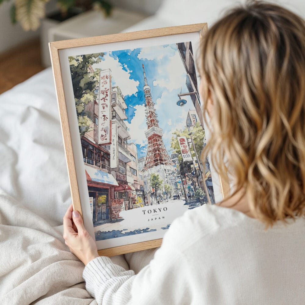 Framed Tokyo Watercolor Art Print with Tokyo Tower Wall Art - Woman Holding - Portrait Framed Tokyo Watercolor Art Print with Tokyo Tower Wall Art - Woman Holding - Portrait