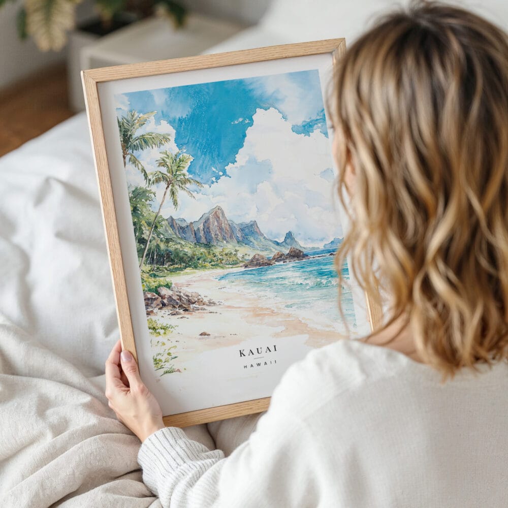 Framed Tropical Kauai Watercolor Wall Art - Woman Holding - Portrait Framed Tropical Kauai Watercolor Wall Art - Woman Holding - Portrait