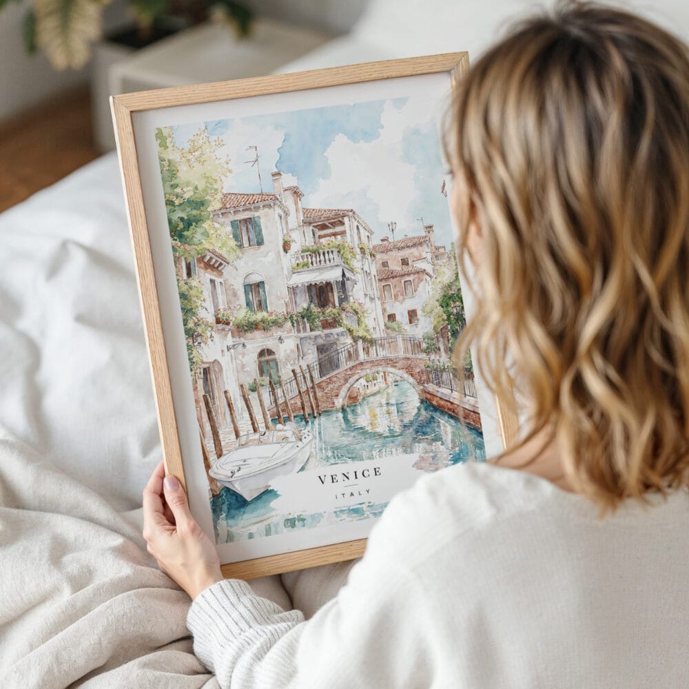 Framed Venice Canal Watercolor Wall Art - Woman Holding - Portrait Framed Venice Canal Watercolor Wall Art - Woman Holding - Portrait