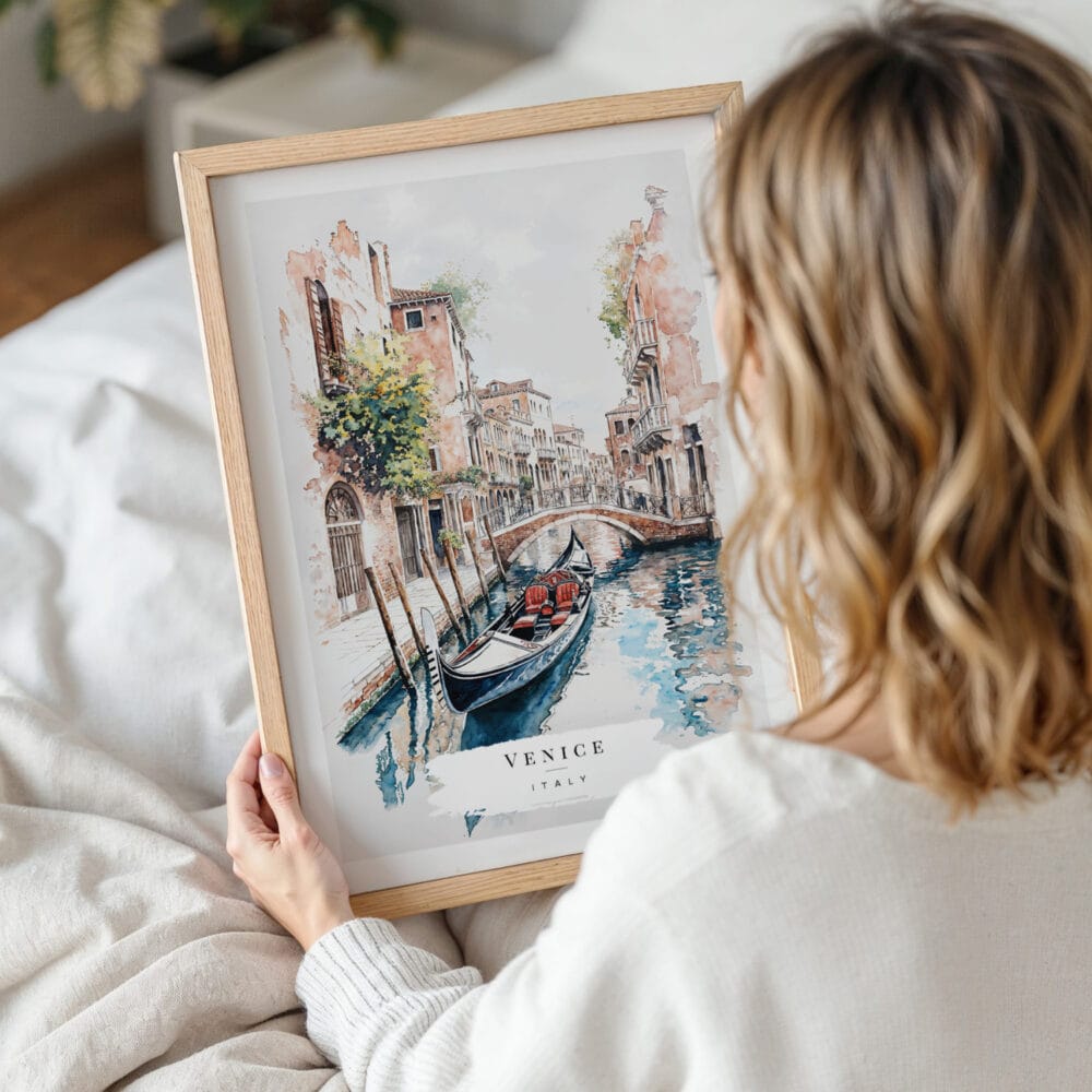 Framed Venice Gondola Watercolor Painting Wall Art - Woman Holding - Portrait Framed Venice Gondola Watercolor Painting Wall Art - Woman Holding - Portrait