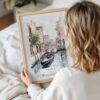 Framed Venice Gondola Watercolor Painting Wall Art - Woman Holding - Portrait