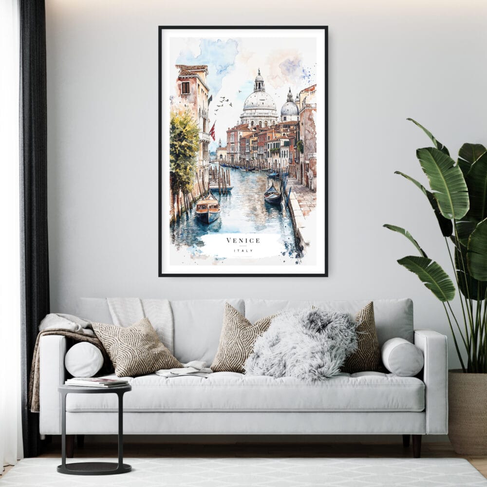 Framed Venice Italy Watercolor Wall Art - Living Room - Portrait Framed Venice Italy Watercolor Wall Art - Living Room - Portrait