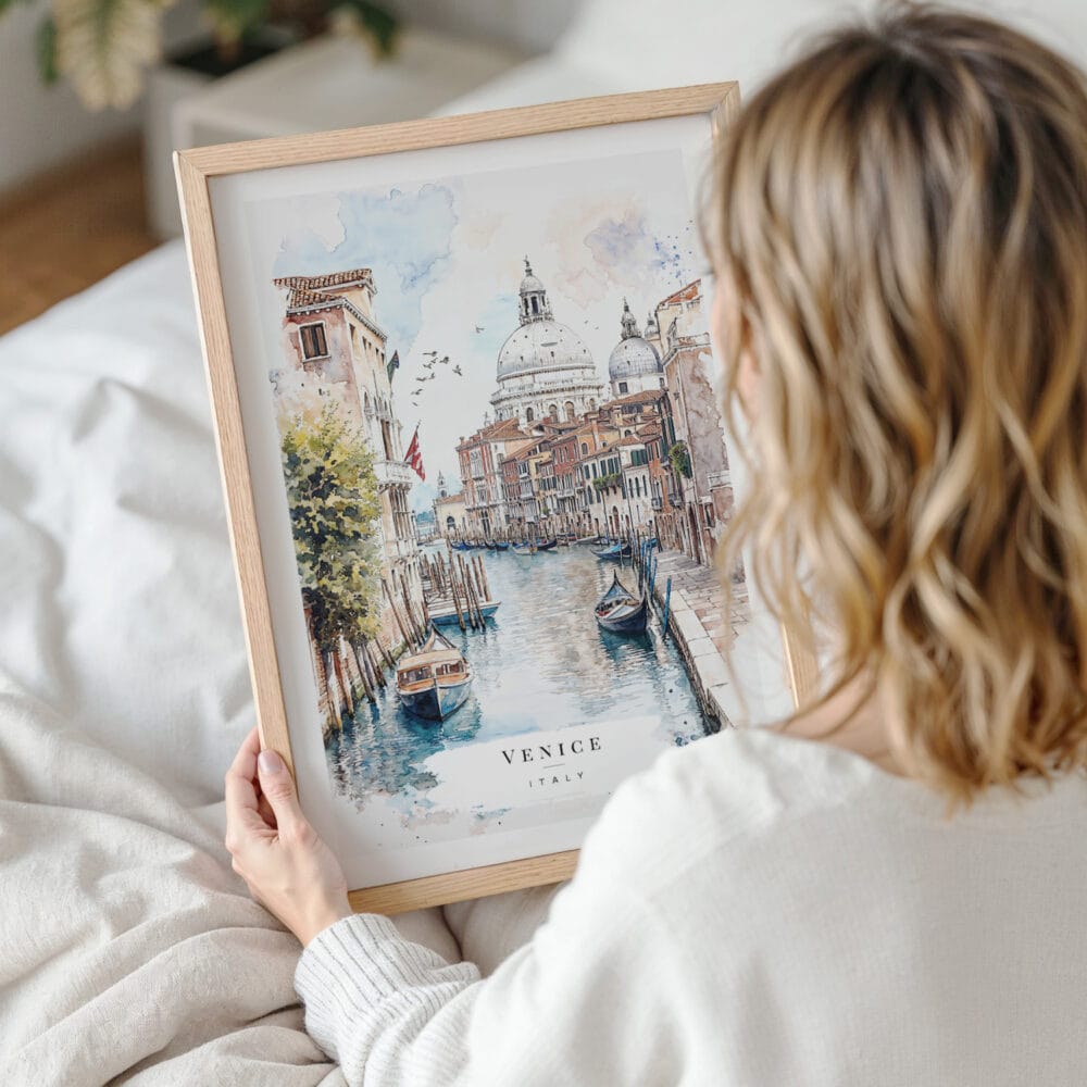 Framed Venice Italy Watercolor Wall Art - Woman Holding - Portrait Framed Venice Italy Watercolor Wall Art - Woman Holding - Portrait