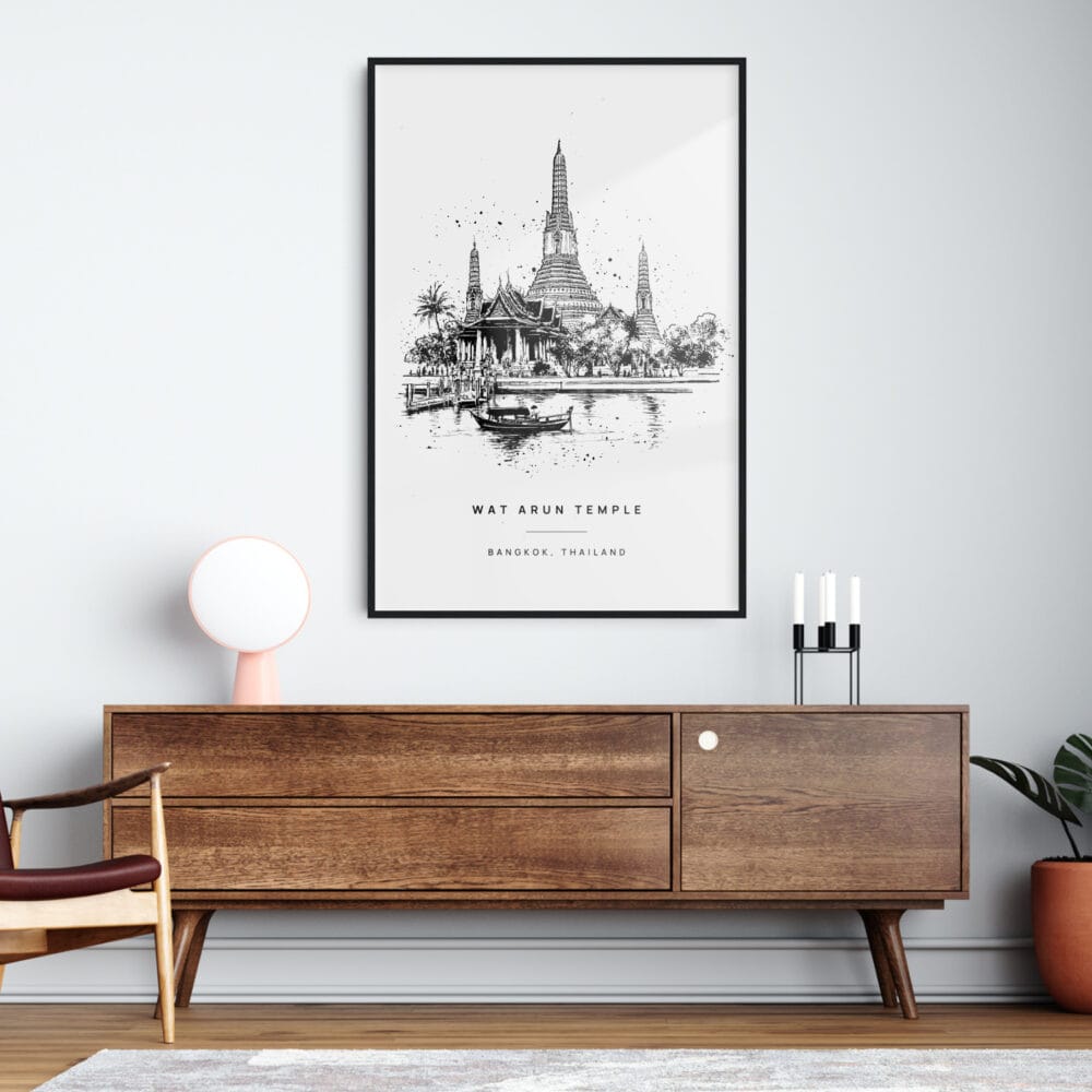 Framed Wat Arun Line Drawing Wall Art Home Decor - Portrait - Dark Framed Wat Arun Line Drawing Wall Art Home Decor - Portrait - Dark