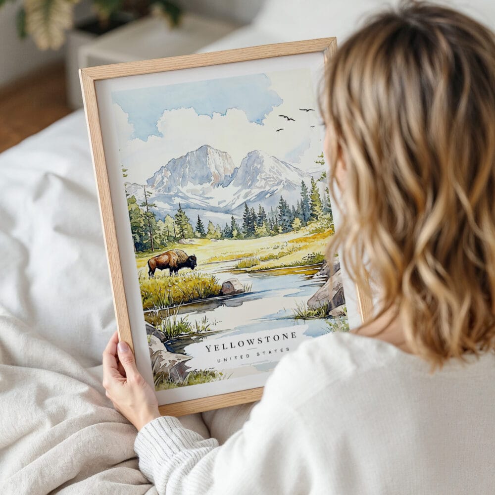 Framed Yellowstone Bison Watercolor Wall Art - Woman Holding - Portrait Framed Yellowstone Bison Watercolor Wall Art - Woman Holding - Portrait