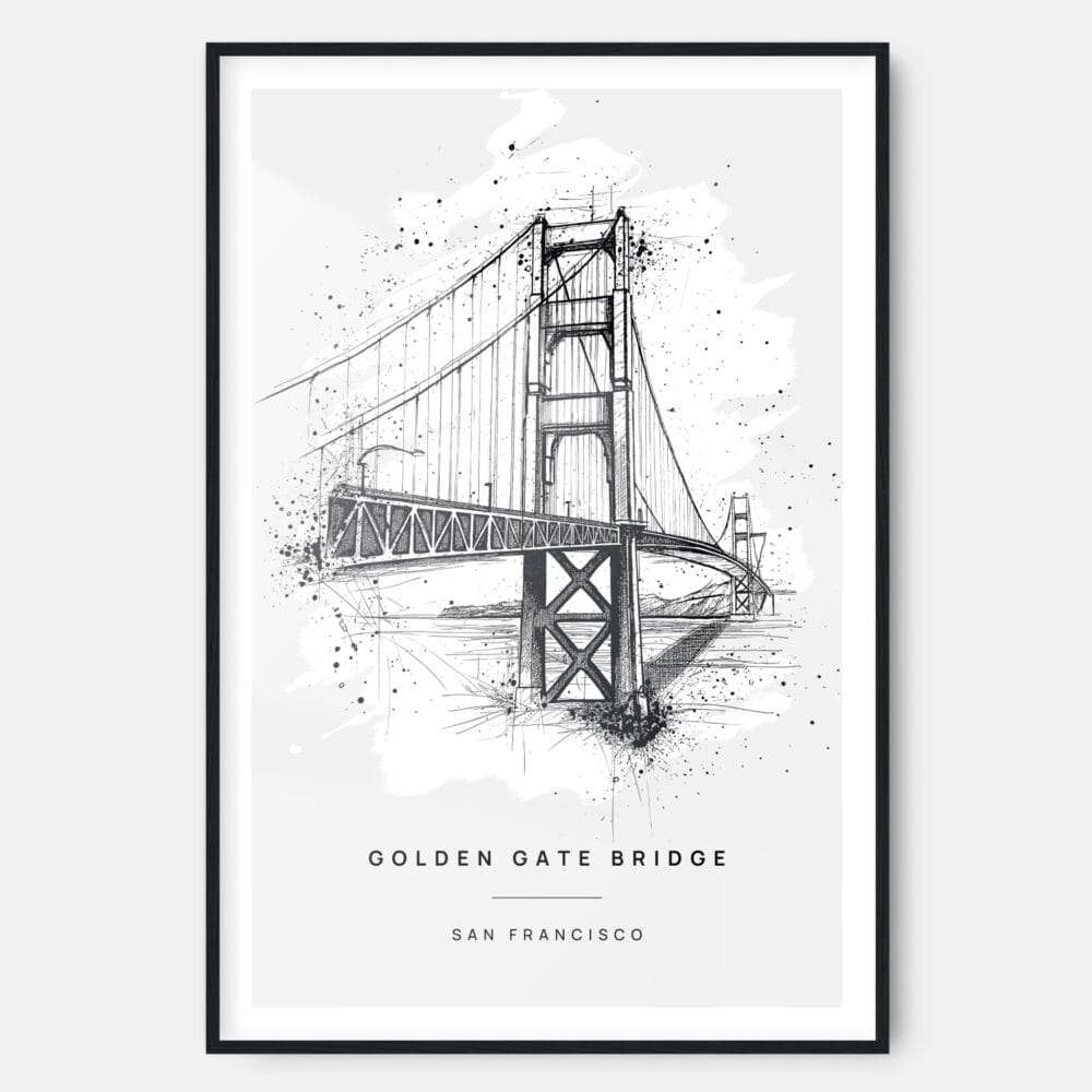 Golden Gate Bridge Pencil Drawing Art Print - Main - Black Frame - Portrait