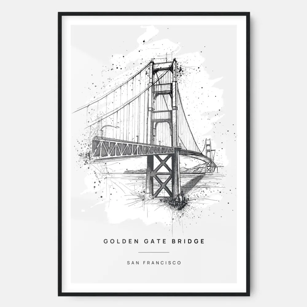 Golden Gate Bridge Pencil Drawing Art Print - Main - Black Frame - Portrait